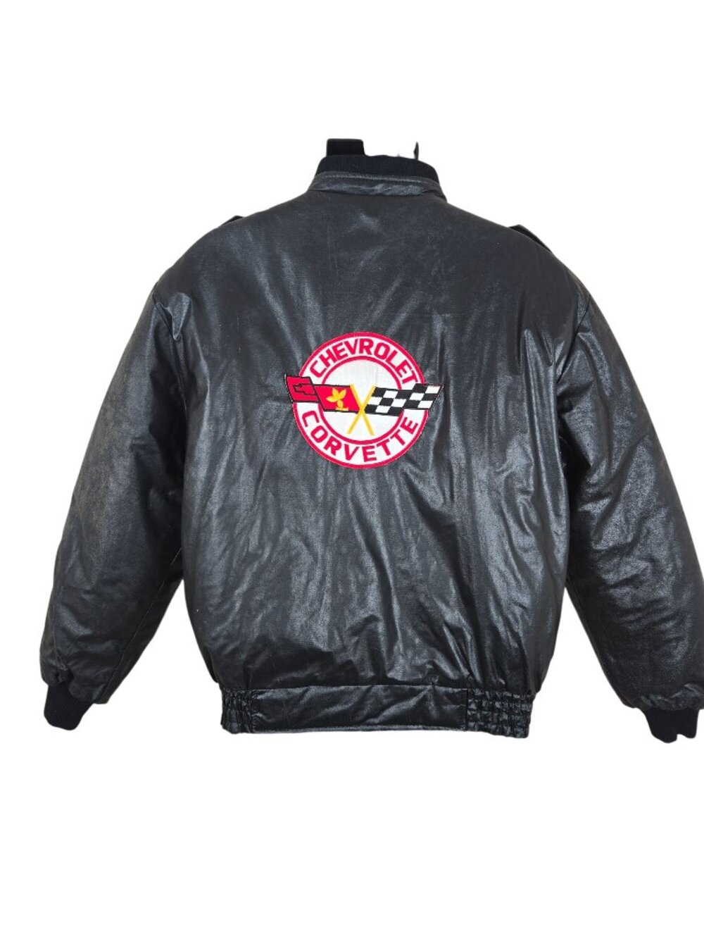 Vintage 80s Chevy Corvette Black Bomber Jacket Patches Mens Size XL Quilted